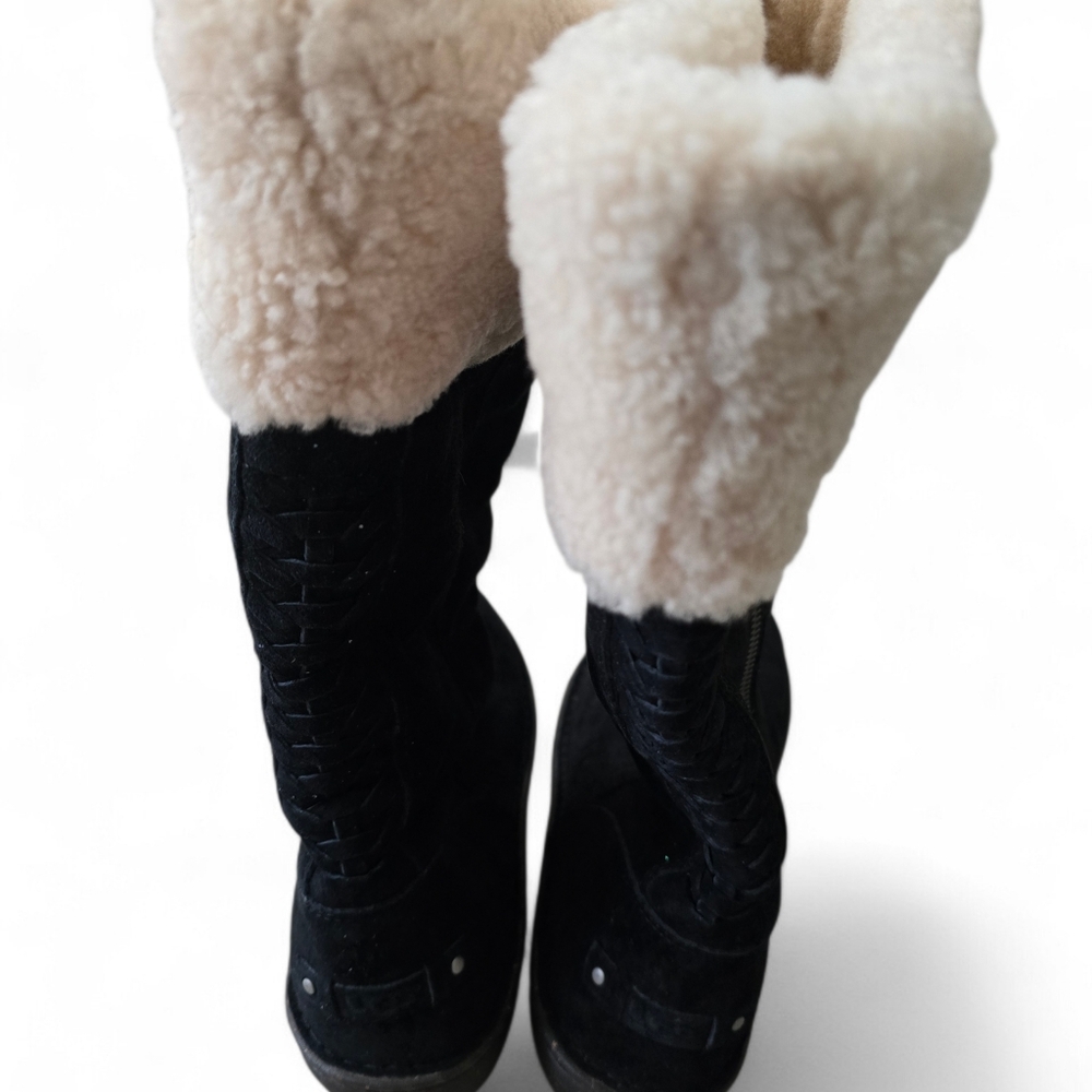 UGG KARYN Shearling Lined Mid Calf Boots Black Suede Side Zip Women’s 10 - Picture 4 of 9